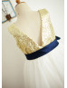 Gold Sequin Ivory Tulle Deep V Back Knee Length Flower Girl Dress